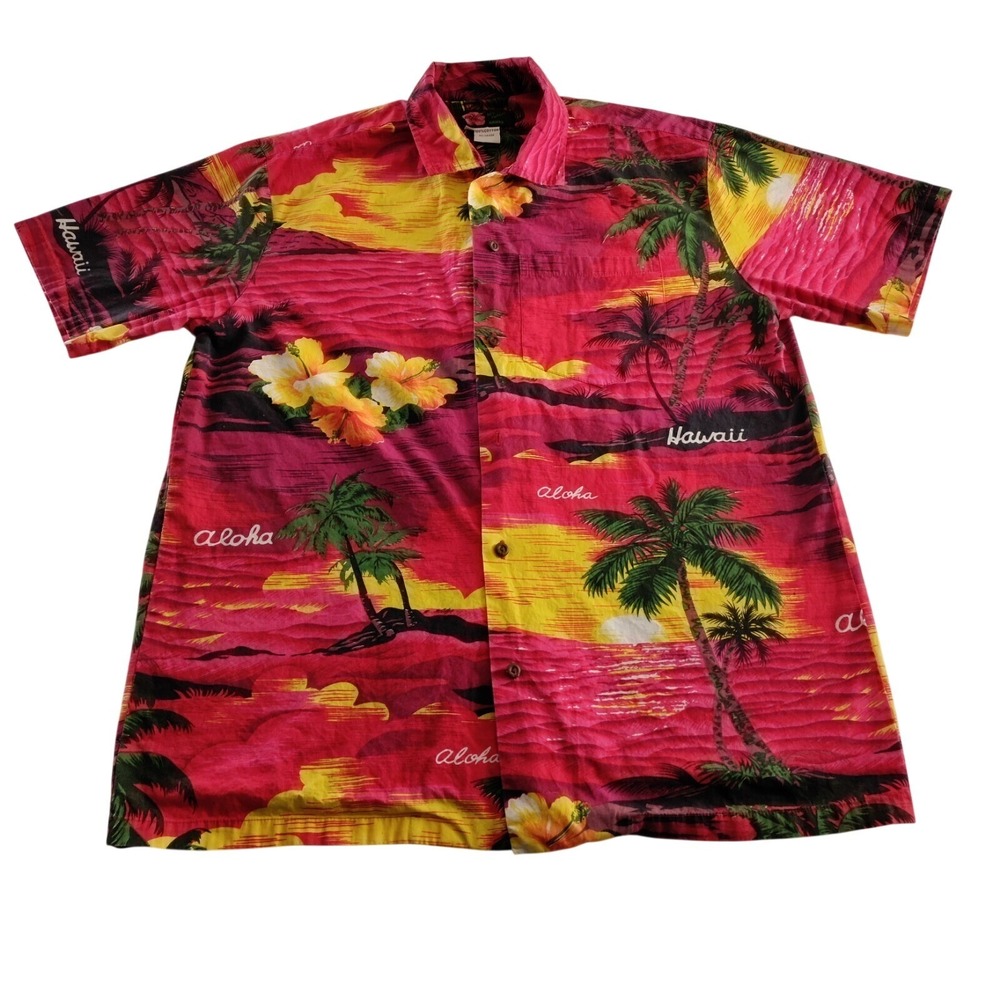 Ni'i Fashions Hawaiian Shirt Aloha Hibiscus Sunset Missing Button /Size Tag (M?)